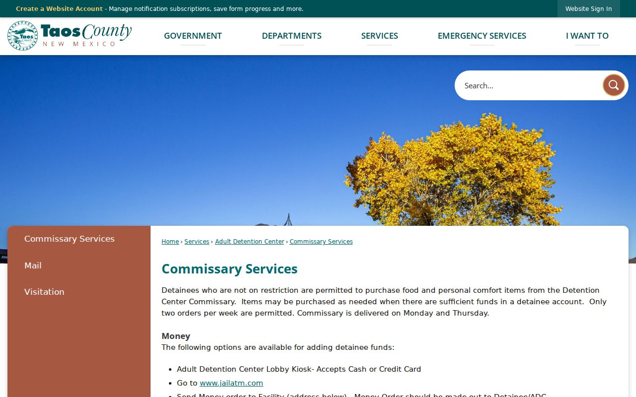 Taos County arrest custody commissary services