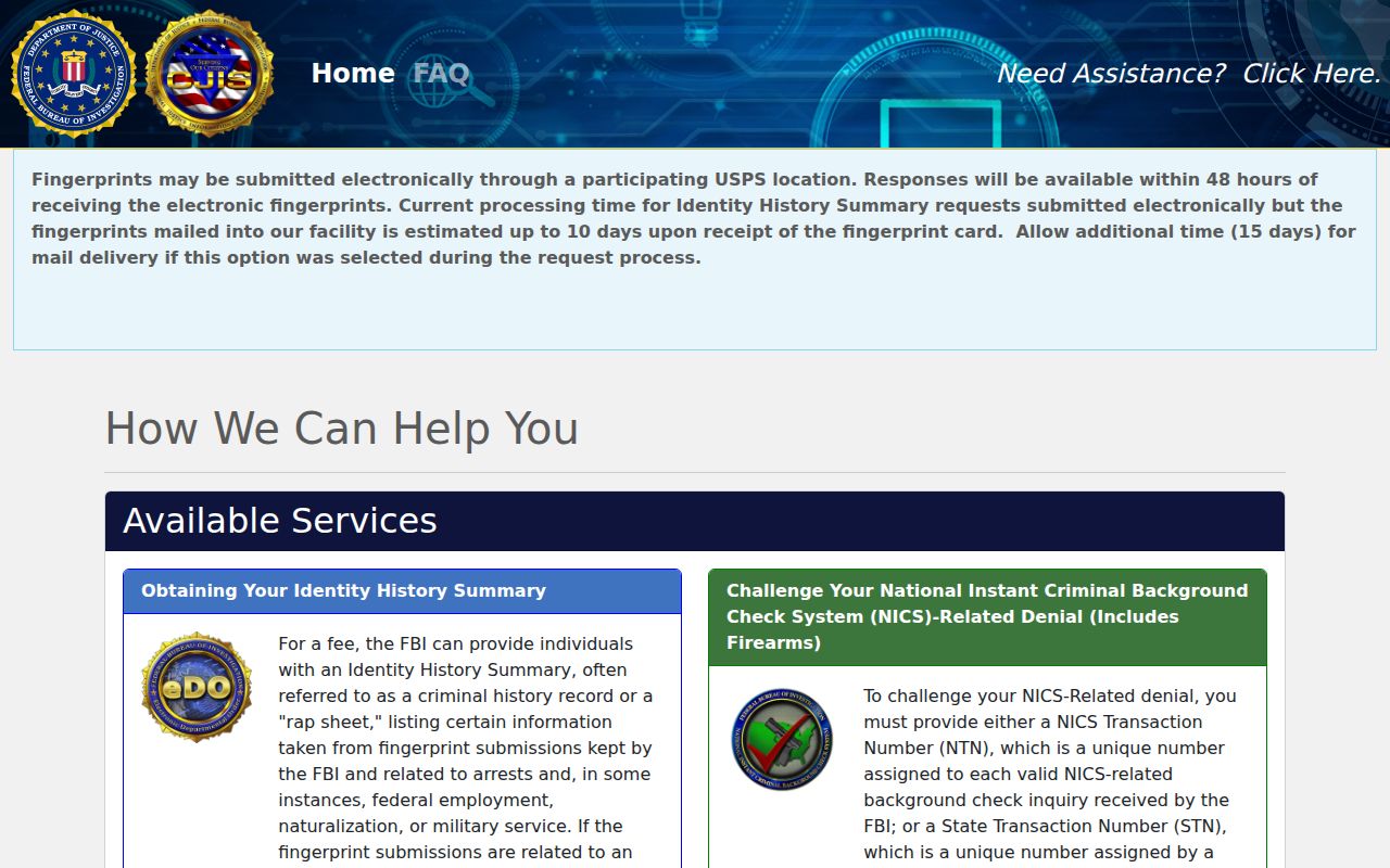 FBI personal history ordering portal for Taos County expungement records