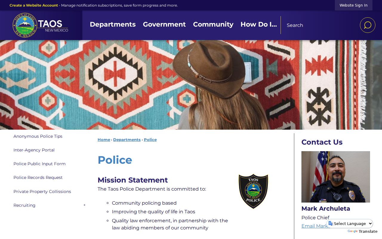 Taos criminal records contact at the Taos Police Department